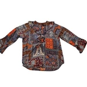 New Directions XL Boho Patchwork Lace Up Ruffle Blouse Orange Brown Paisley
